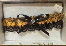 New Jamie Lynn Black Lace Gold Sequins Black Bow Garter Wedding