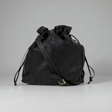 Authentic LOEWE Anagram Flamenco Drawstring Shoulder Bag Black Nappa Leather