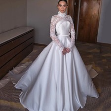 High Neck Satin A-line Wedding Dresses Long Sleeves Lace Backless Bridal Gowns