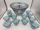INDIANA GLASS Iridescent Blue Depression Punch Bowl & 12 Cup SET HARVEST GRAPE