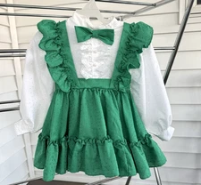 Vintage Toddler Xmas Green Tuxedo Dress Full Circle Ruffle Pinafore Lace Sz 3T