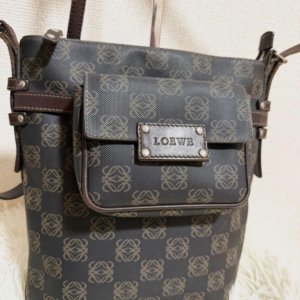 LOEWE Anagram Pattern Mini Pouch Shoulder Bag PVC Brown Old Authentic - Image 2 of 4