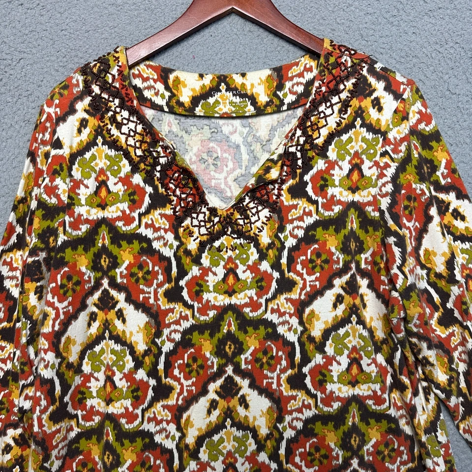 Top Charter Club 1X Plus Estampado Boho Ikat Colorido Cuentas Manga 3/4 Mezcla de Algodón Foto 2 de 4