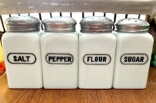 McKee "Race Track" Range Shakers Square Milk Glass Set Salt Pepper Flour Sugar