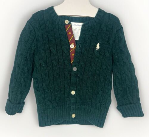 Vintage Ralph Lauren Baby Polo Wool Cable-Knit Button Up Classic Green Sweater - Picture 3 of 10