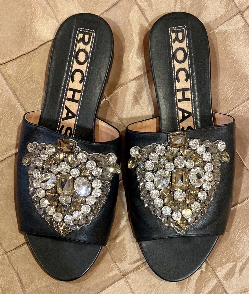 SANDALIAS ROCHAS FABULOSAS CON ADORNOS DE CRISTAL CUERO NEGRO SIN CORDONES 37.5 Foto 2 de 4