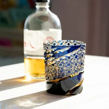 Japanese Edo Kiriko Crystal Whiskey Glasses Hand Cut To Blue 9oz Gift Packing