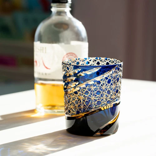 Bicchieri da whisky giapponesi Edo Kiriko cristallo tagliati a mano a blu confezione regalo 9 oz - Foto 5 di 13