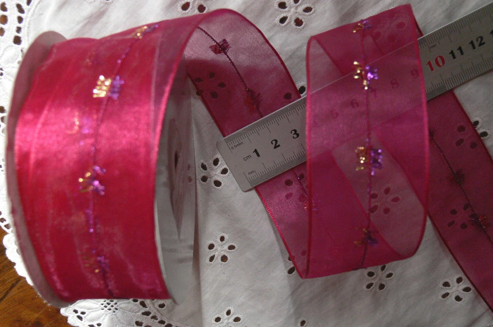 ROSE PINK with Embellished Stitched Centre Sheer 5Metres Wired Edge 40mmWide H6D - image 2 of 2
