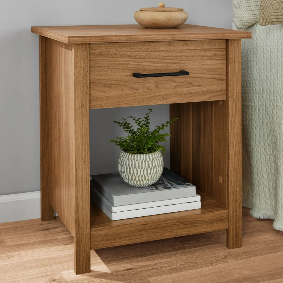 Mesita de noche Mainstays Hillside con cajón abierto almacenamiento dormitorio mesita de noche, nogal Foto 2 de 4