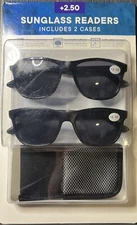Sunglass readers +2.50, 2 Glasses With Black Frames and 2 Cases New