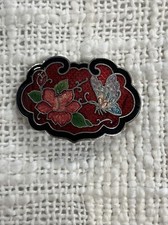 Vintage Enamel Butterfly With Red Hibiscus Flower Cloisonn Buckle