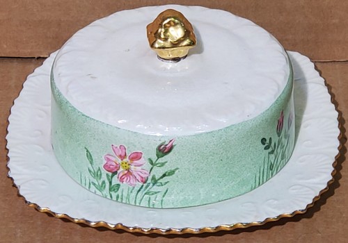 Antique Butter Dish Square Plate Round Finial Dome Gold Edge Pink Roses China - Picture 4 of 10
