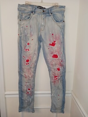 ARKETYPE JEANS MEN s size 34X32 Light Denim,Distressed,Red/White Paint Splat #01
