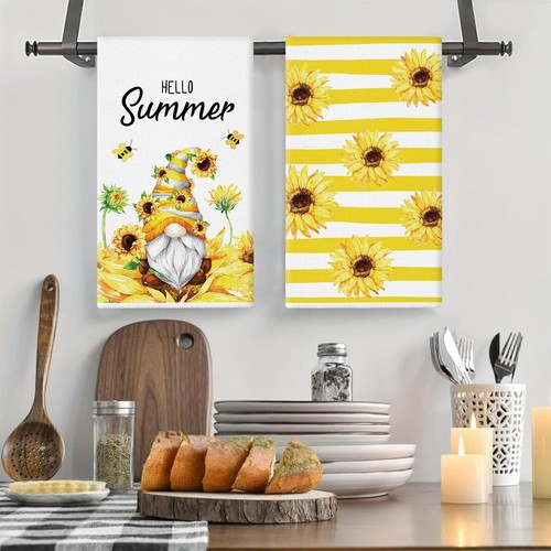Hello Summer Kitchen Towels Set of 2 Gnome Sunflowers Stripe Dish Towels Hand... - Picture 4 of 6