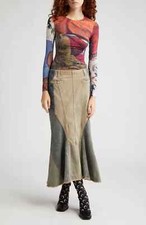 NWT $1,500 MARINE SERRE Moon Logo Patchwork Flared Denim Midi Skirt 38-FR 6-US