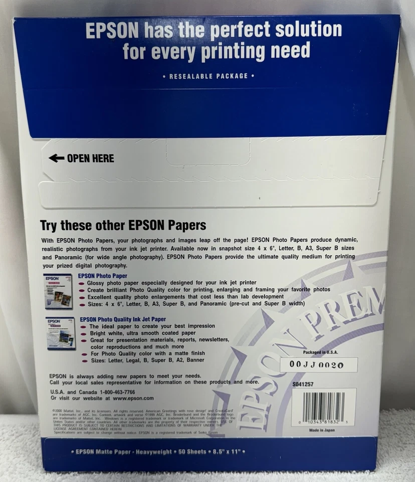 Epson  Matte Paper Heavyweight Letter 8.5" X 11" 50 Sheets Photo Paper BN 12 - Image 2 of 2