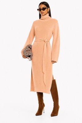 Nanushka Beige Knit Turtleneck Belted Tie Midi Sweater Dress Long Sleeve XS