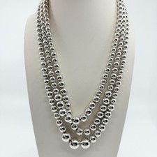 VTG Retro Silver Tone 3 Layer Graduated Metal Round Ball Bead Strand Necklace