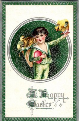 Vintage Postcard A Happy Easter Child Boy Basket of Chicks Tuck's KO9