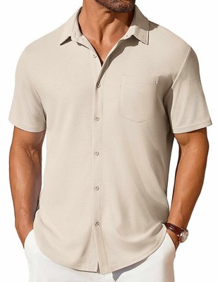 Mens Button Down Waffle Shirt Casual Summer Vacation Shirt Regular Fit Untuck...