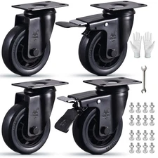 4 Inch Caster Wheels Set of Black Elastic Rubber Wheel castors Industrial