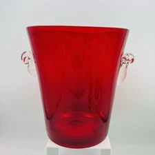 Red Art Glass Ice Bucket Applied Handles Polished Bottom 8”