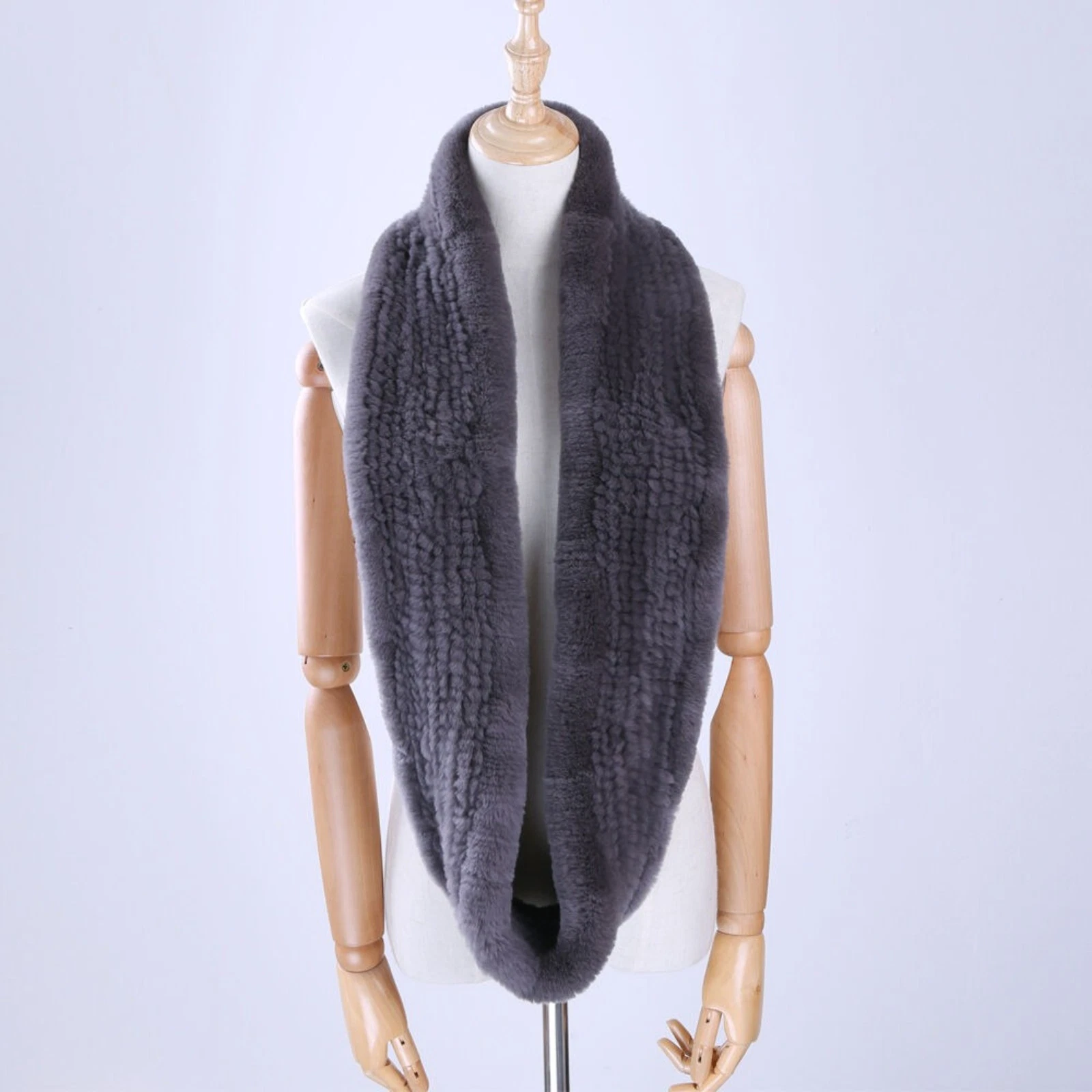 Women's Genuine Real Rex Rabbit Fur Hand Knitted Scarf Infinity Cowl Ring Scarve