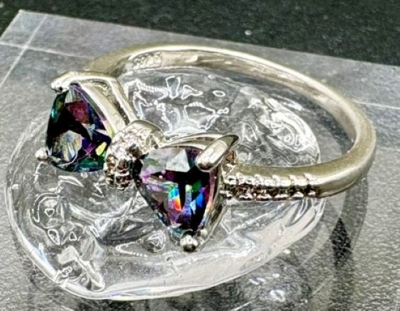 Sterling Silver Double Trillion Iridescent CZ Stone Ring Size 9 925 2.8g