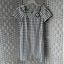 Short Sleeve Mini Shift Dress Black White Houndstooth Buckle Detail Sz 14 Mod