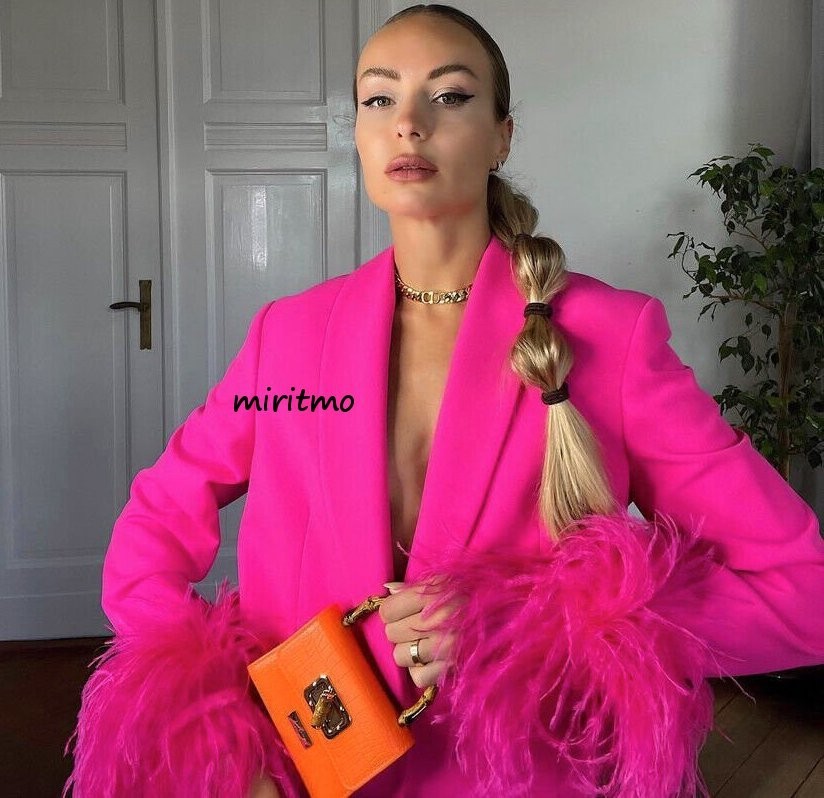 A071 LIMITED EDITION ZARA STRAIGHT BLAZER JACKET WITH FEATHERS PINK COAT - S image 3
