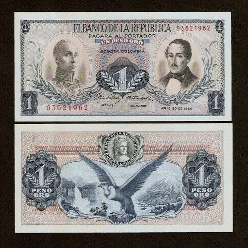 Colombia 1 PESO P-404 1966 Eagle Liberty UNC Colombian World Currency Bill NOTE - Picture 1 of 4