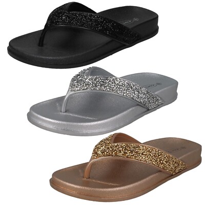 Spot On Womens Glitter Flip Flops Sandals Rose Gold Black Silver