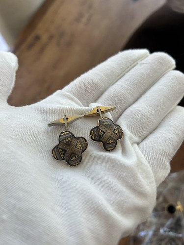 Vintage Damascene Cufflinks Cross Spanish Brown Gold Silver - Picture 10 of 14
