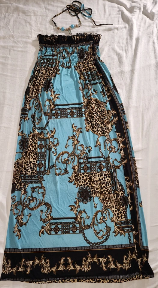 Maxi Vestido Sin Tirantes Turquesa?Marrón Elastizado Largo Chesley S Madera Cuentas Guepardo Foto 2 de 4