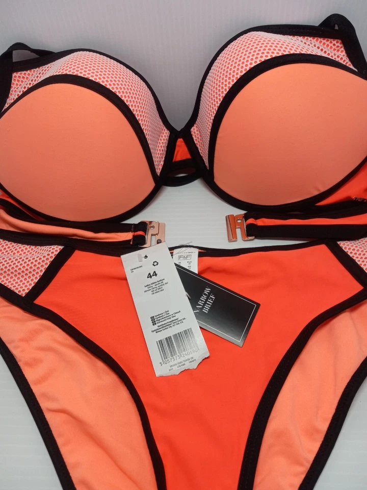 Women's F&F Bikini Swimsuit Underwire Top 38C Narrow Brief 12 NEON Orange Coral - Image 2 of 4