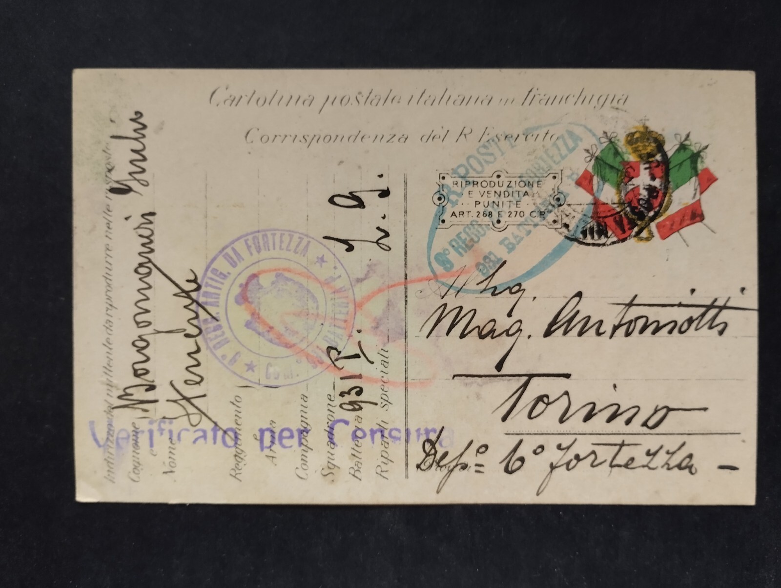 Timbro Posta Militare WW1 9° Reggimento Artiglieria Fortezza 931° Batteria WY655