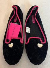 Betsey Johnson Slippers XL Faux Fur Velvet Silver Heart Black w Pink Trim