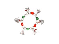 Silvertone Christmas Beaded Charm Stretch Bracelet  Gift Idea 