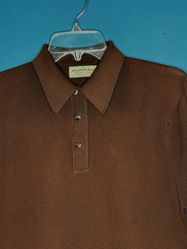Vtg 60s Puritan Ban Lon Knit Polo Shirt Dark Brown Color Short Sleeves Sz M - Picture 2 of 6
