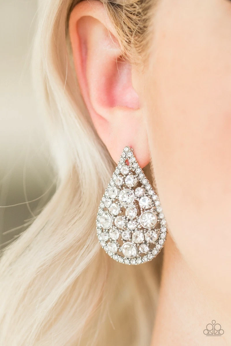 Paparazzi white rhinestone online earrings