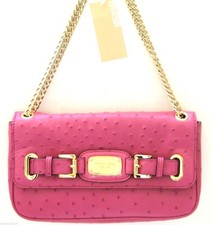 MICHAEL KORS HAMILTON OSTRICH ZINNIA PINK LEATHER+GOLD CROSSBODY,SHOULDER BAG