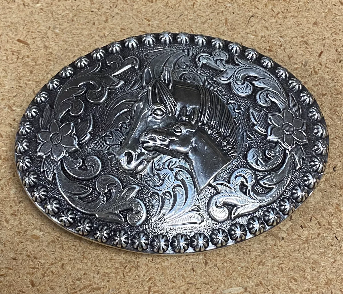 Nocona Buckles Western Belt Buckle Horses Gorgeous Silver Inlay Scroll Design