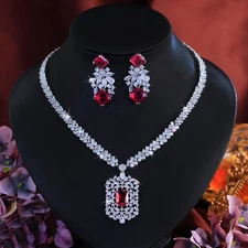 Square Leaf Cluster Necklace Earrings Silver Plated CZ Red Bridal Jewelry Set