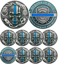 Police Challenge Coin, Thin Blue Line Skull Police Officers Prayer Coin Law E...