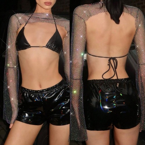 Glimmering Stretchy Fishnet Blouse Sparkling Clubwear Breathable Evening Outfit - Picture 7 of 11