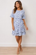 Banana Republic Women's Blue Floral Print Ruffle Hem Dress size 8 NWT