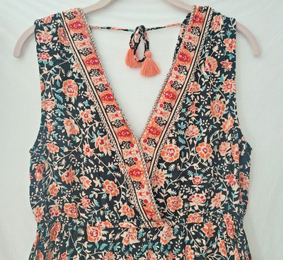 Devi Romper Womens Large Black Pink Floral Boho Sleeveless Tassel Tie Summer Y2K