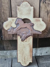 Vtg Handmade Earthenware Art Pottery Wall Cross Horse Themed Rustic Farmhouse 