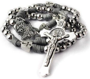 HanlinCC Large and Heavy Stainless Steel Beads Rugged Grey Paracord Rosary  - Picture 1 of 9